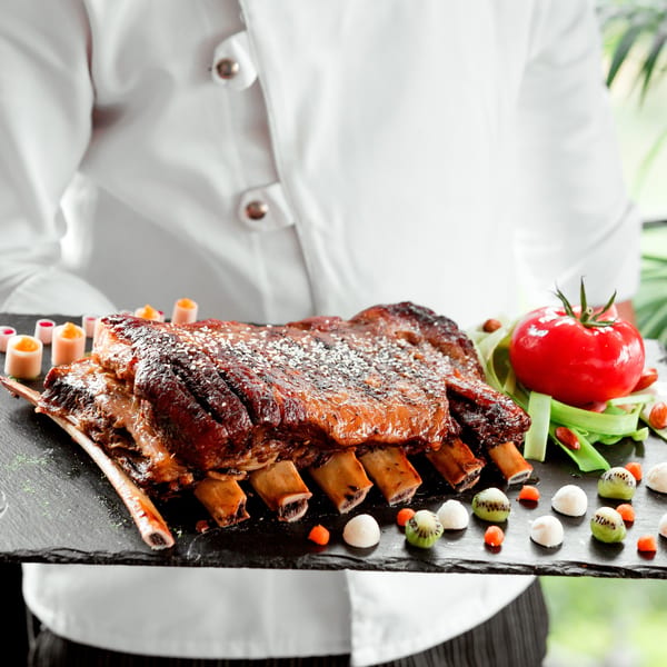 A chef holds a platter of Bear West BBQ ribs, garnished with a tomato, kiwi, and other colorful elements.